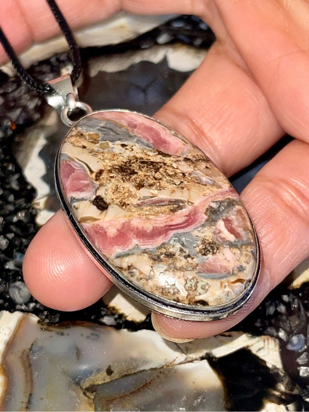 Beautiful Pink Rhodochrosite in Pyrite Pendant Crystal 2 1/2”